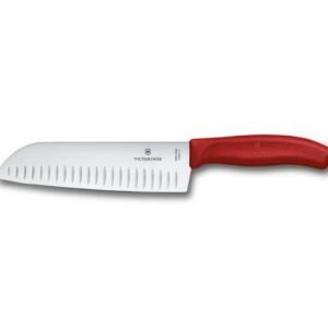 CUCHILLO SANTOKU 6.8521.17B (SACHET) HOJA ALVEOLADA NYLON ROJO 17CM VICTORINOX