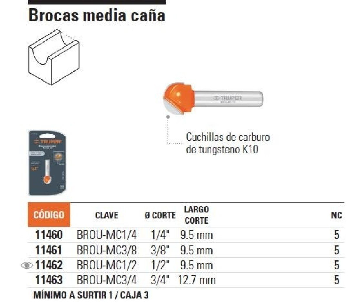 FRESA 11462 MEDIA CAÑA 1/2"X3/8" TRUPER